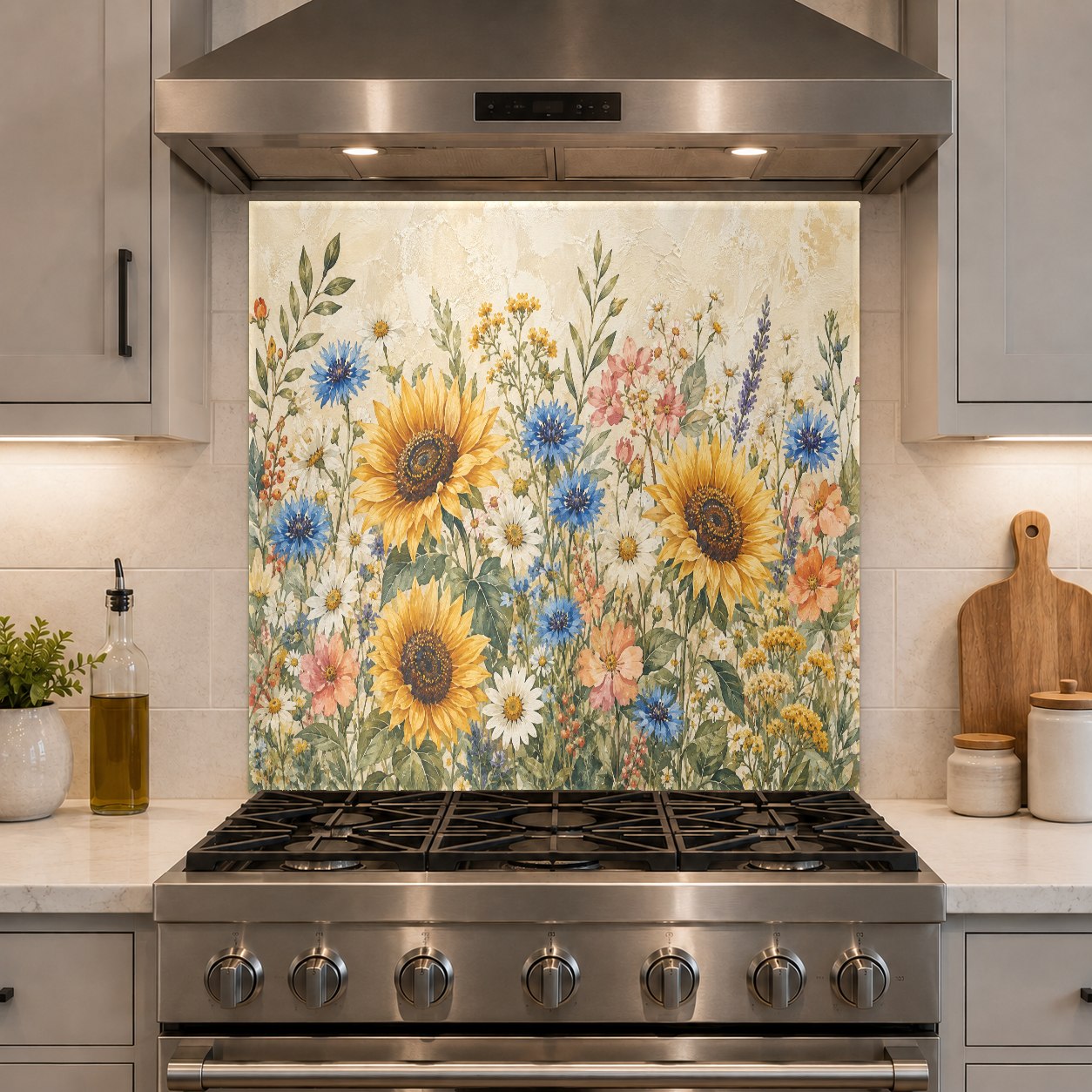 Bright sunflower glass cooktop splash guard protecting kitchen walls from grease splatters and heat damage.