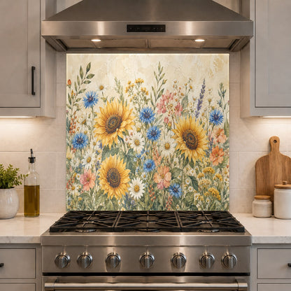 Bright sunflower glass cooktop splash guard protecting kitchen walls from grease splatters and heat damage.