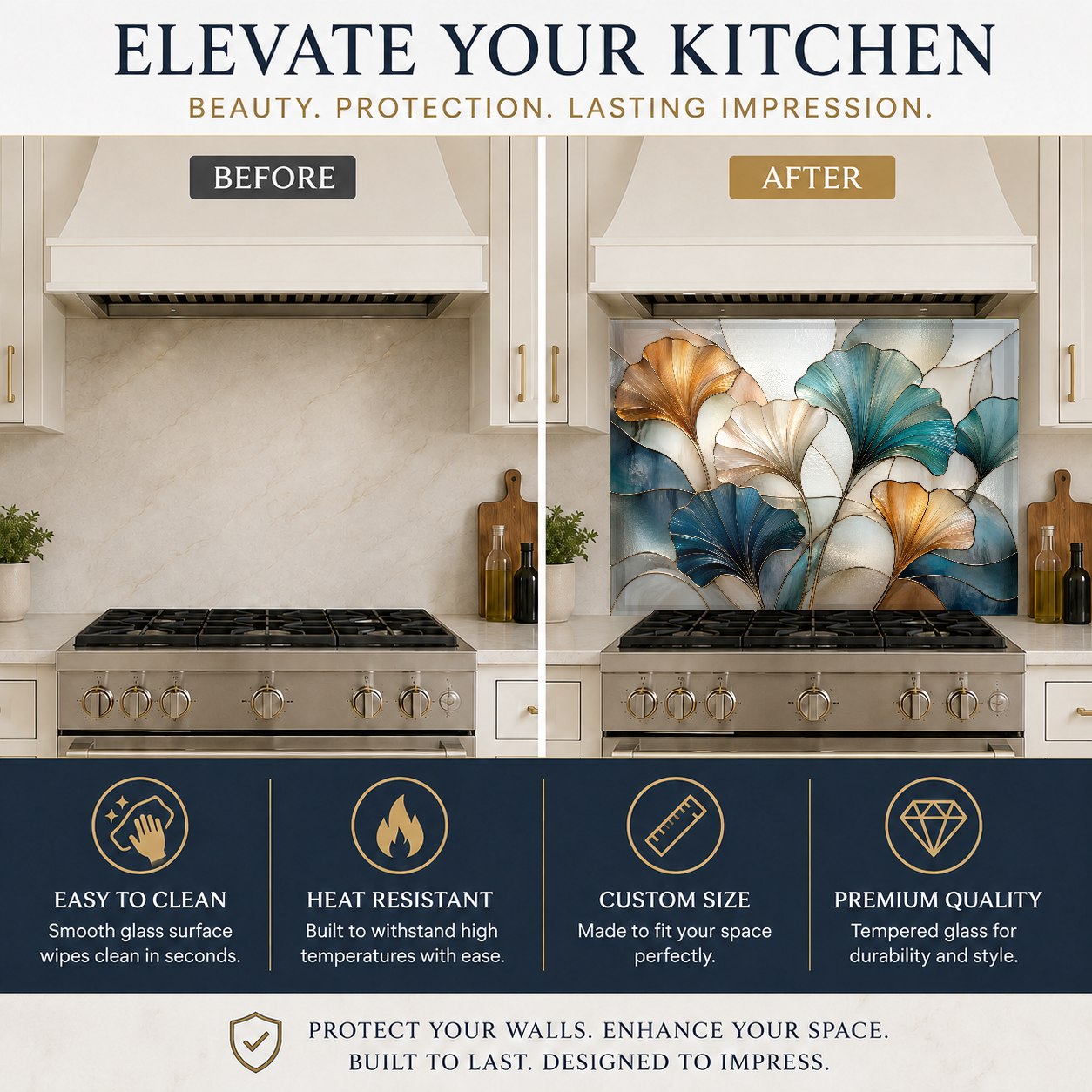 Tempered glass kitchen panel with floral stained glass look on a kitchen island wall