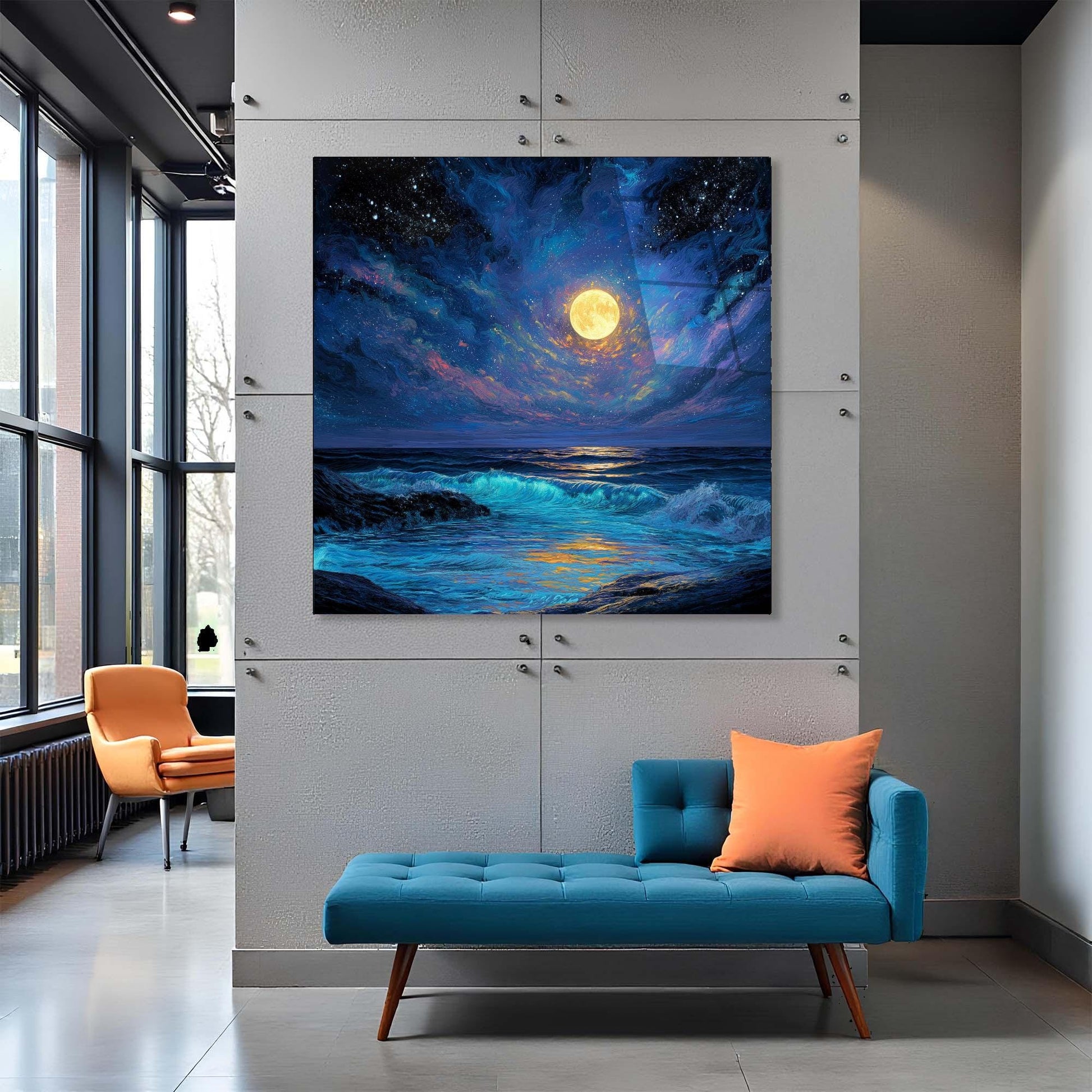 Modern interior with a painting of a moonlit sea on a wall above a blue sofa.