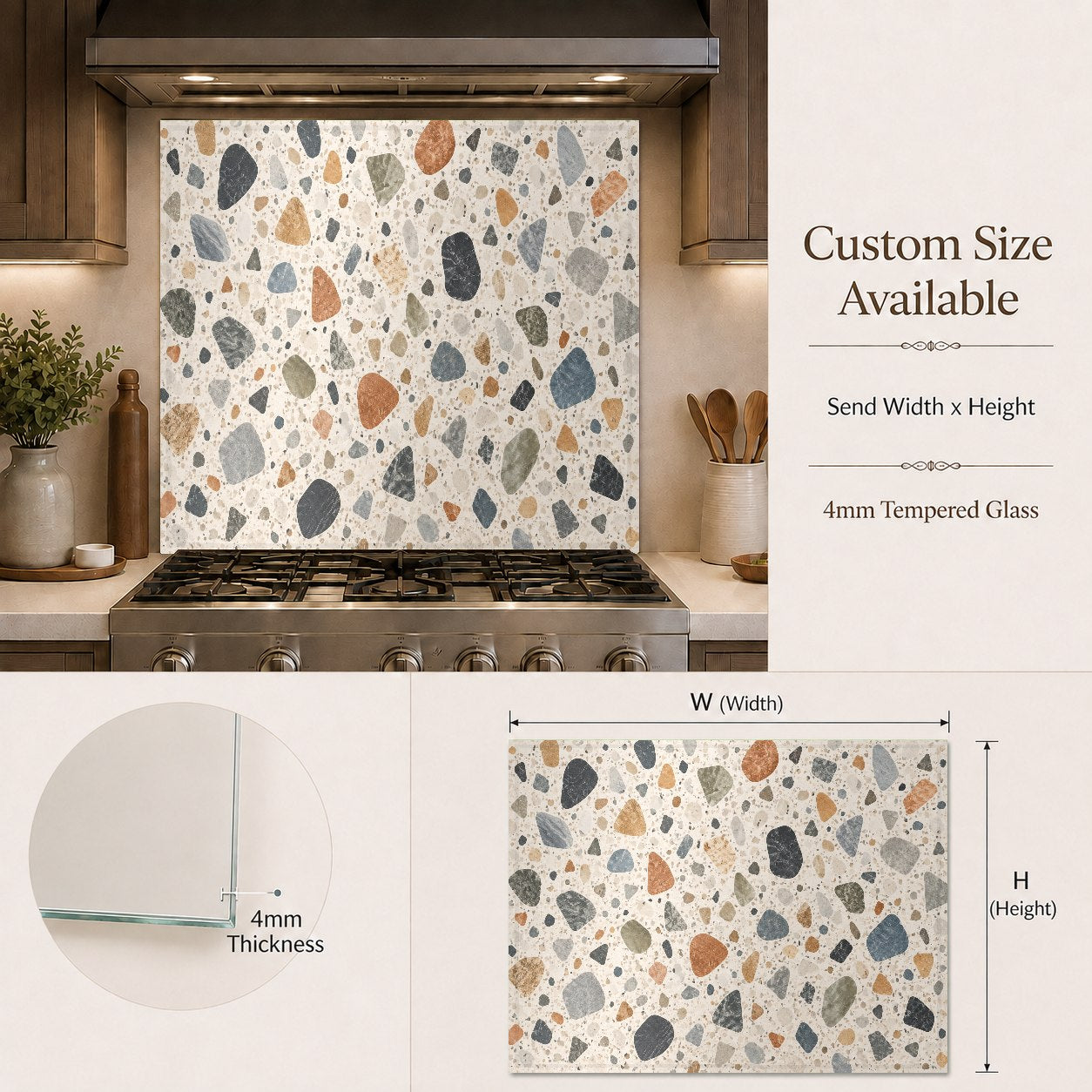 Close-up of a heat-resistant terrazzo glass backsplash behind a stove in a bright Scandinavian kitchen.