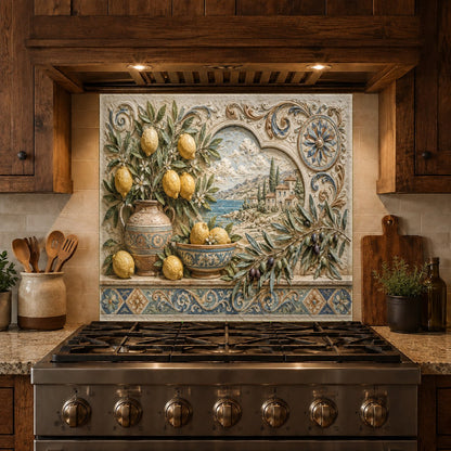 Modern kitchen featuring mediterranean fruit tempered glass backsplash