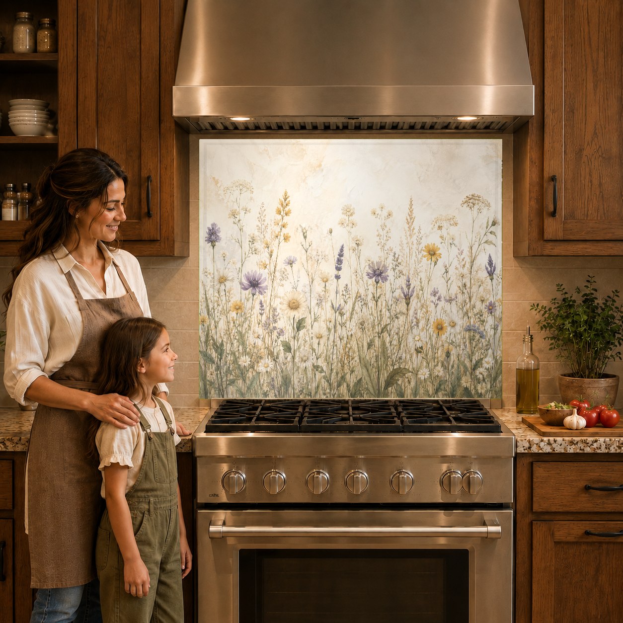 Close-up of a floral kitchen backsplash panel showcasing vibrant daisies and poppies behind an induction cooktop.