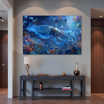 Decorative painting of a blue octopus on an underwater scene above a dark wooden console table.