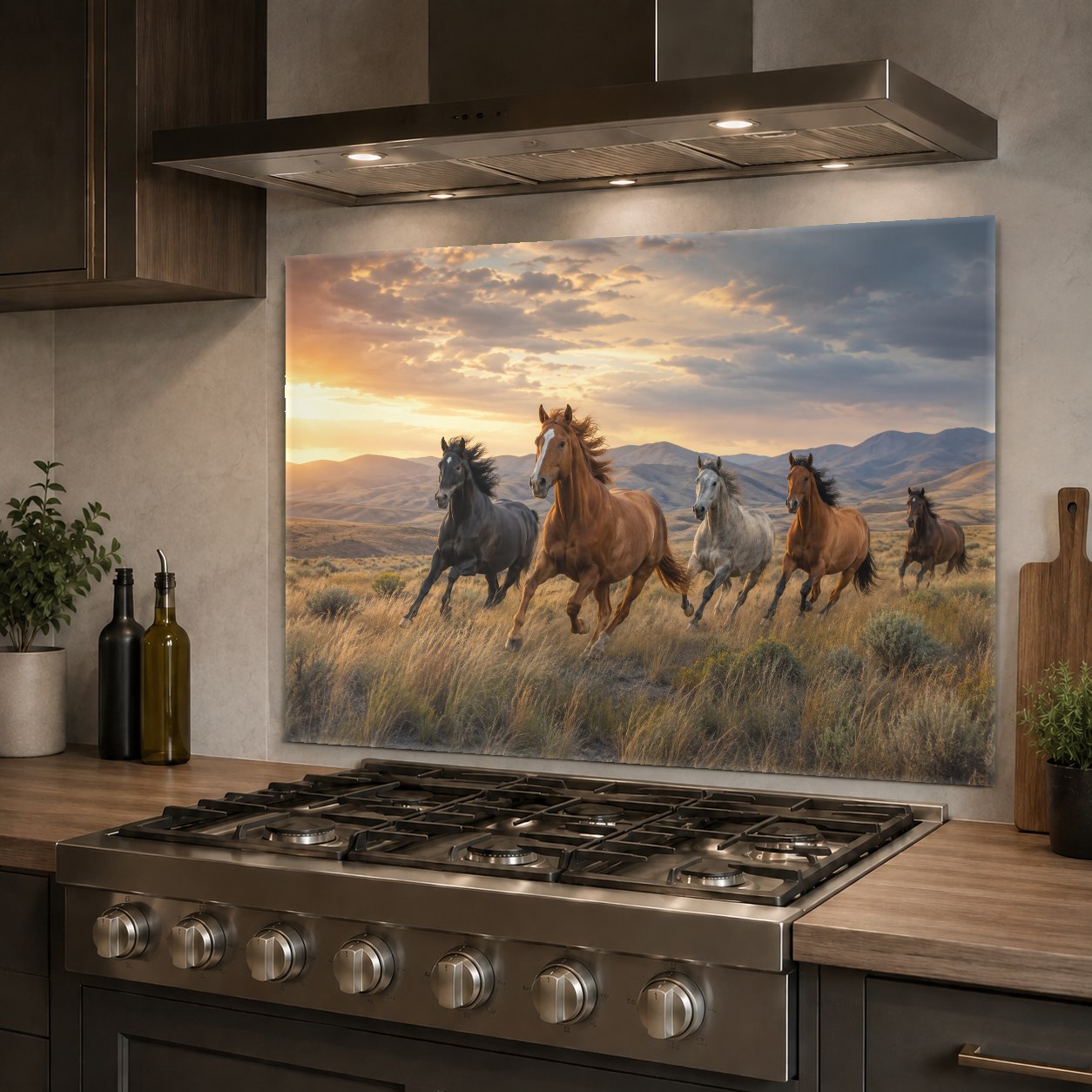 Close-up of a high-gloss horse design tempered glass backsplash behind a stainless steel stove.