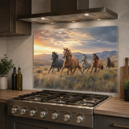 Close-up of a high-gloss horse design tempered glass backsplash behind a stainless steel stove.