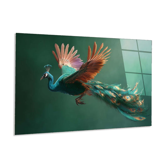 Peacock with vibrant feathers on a green background