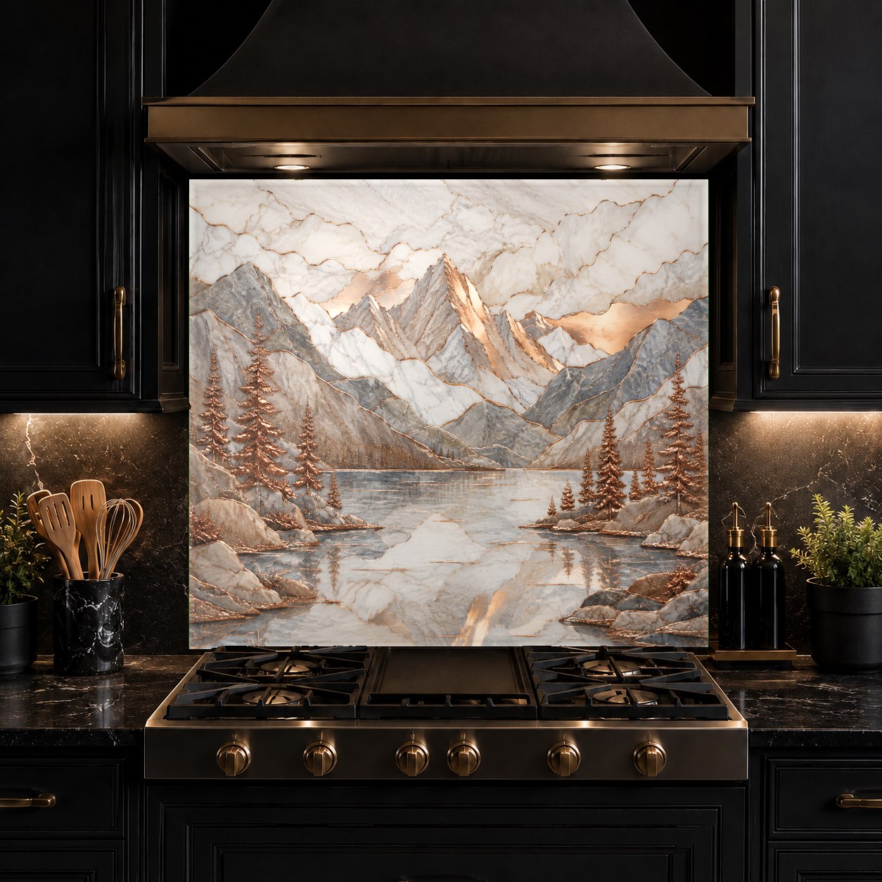 High-gloss copper lake and mountain design tempered glass backsplash installed over kitchen counter tiles.