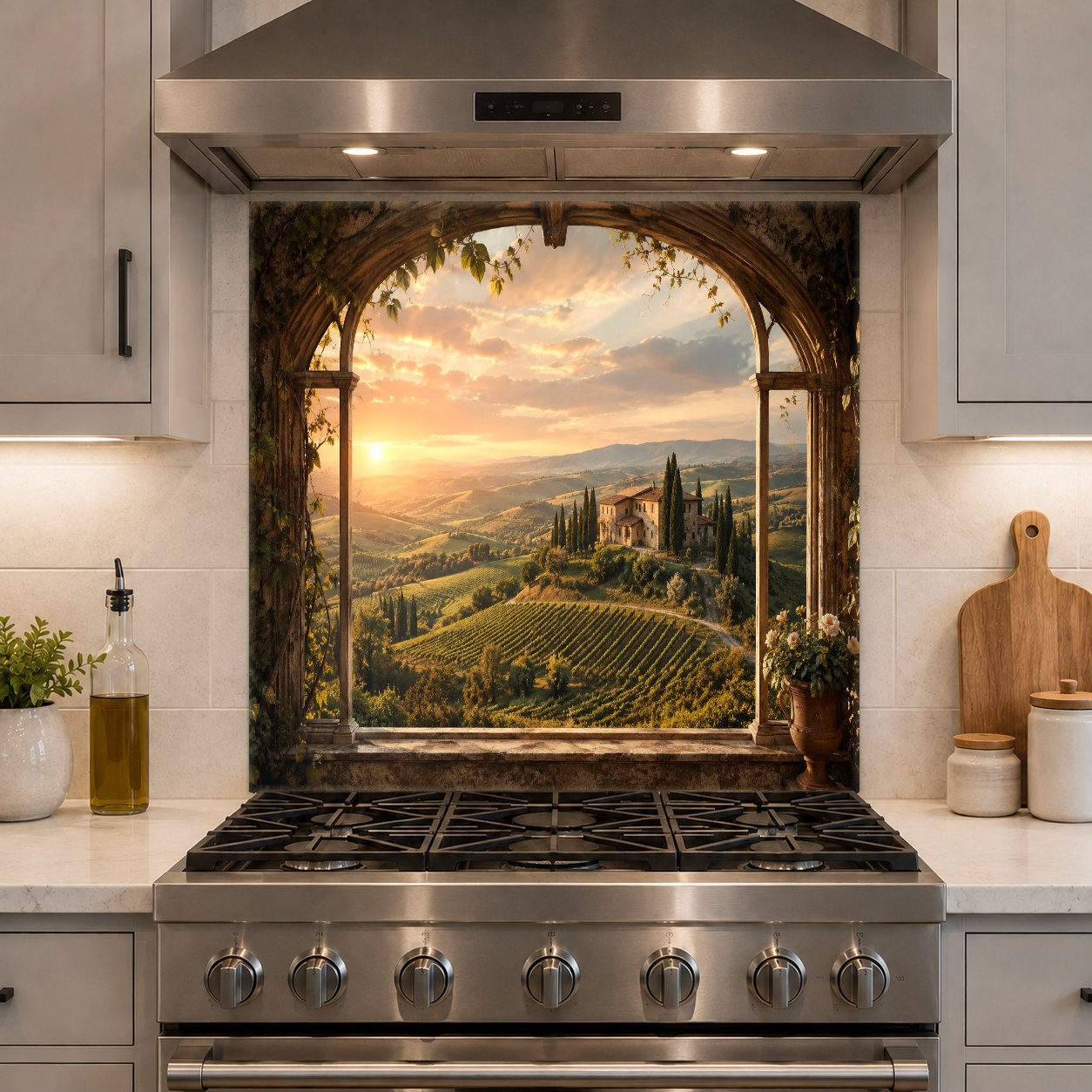 Close-up of heat-resistant tempered glass backsplash with vivid sunset garden colors
