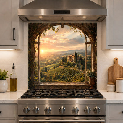 Close-up of heat-resistant tempered glass backsplash with vivid sunset garden colors