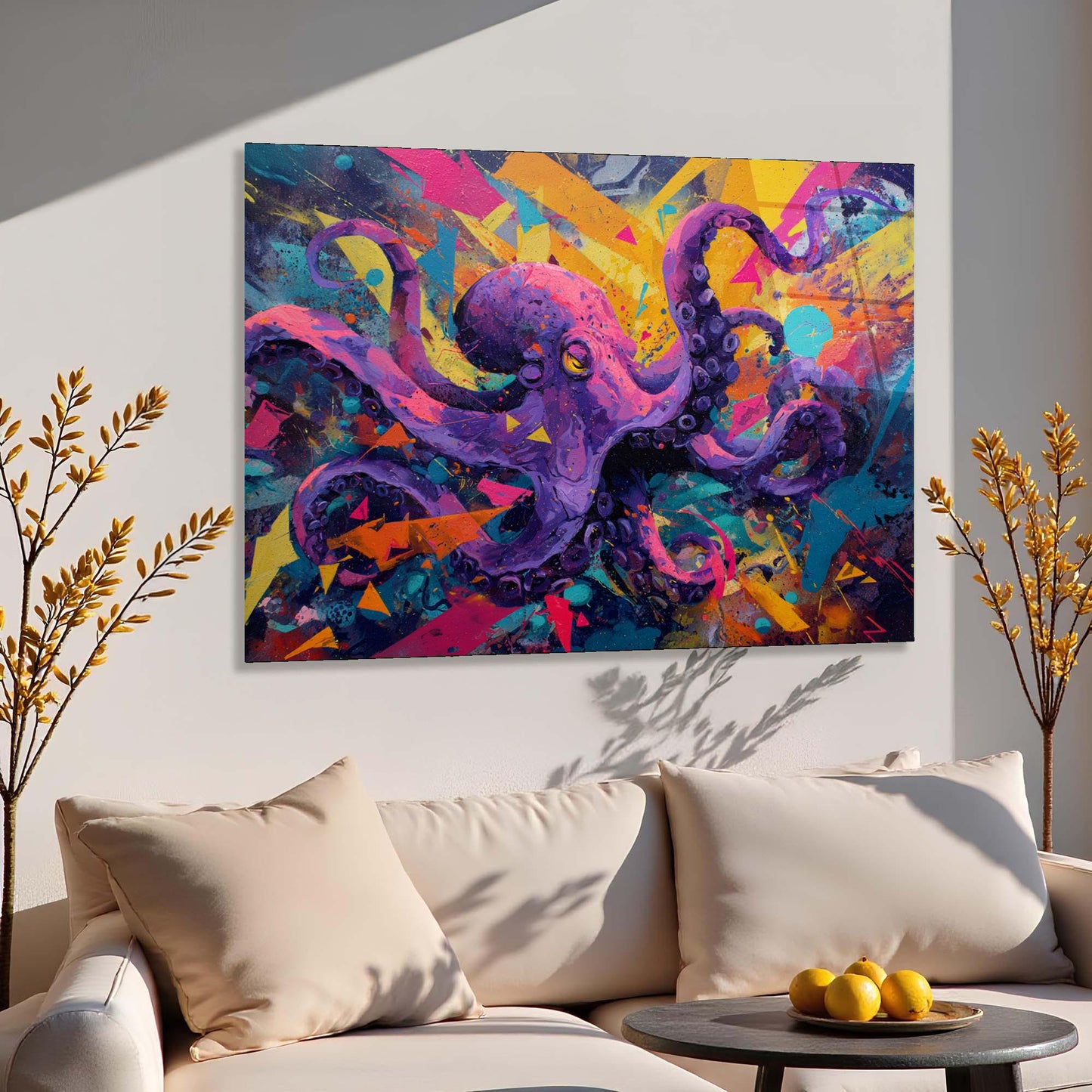 Colorful abstract octopus painting on a wall above a beige sofa.