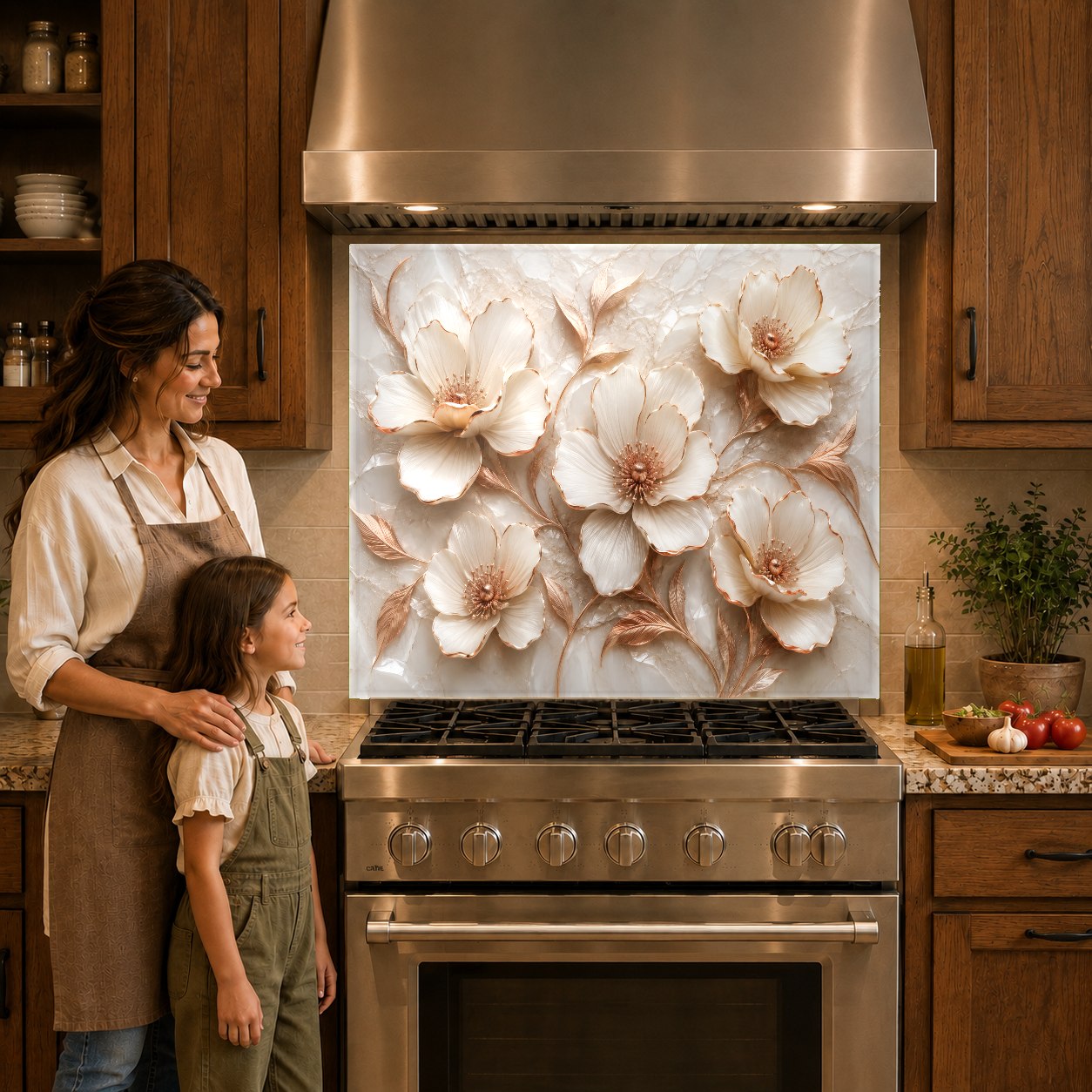 Metallic floral kitchen backsplash panel protecting the wall behind an electric cooktop.