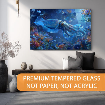 Living room with a large wall art of an underwater scene with a squid, featuring premium tempered glass.