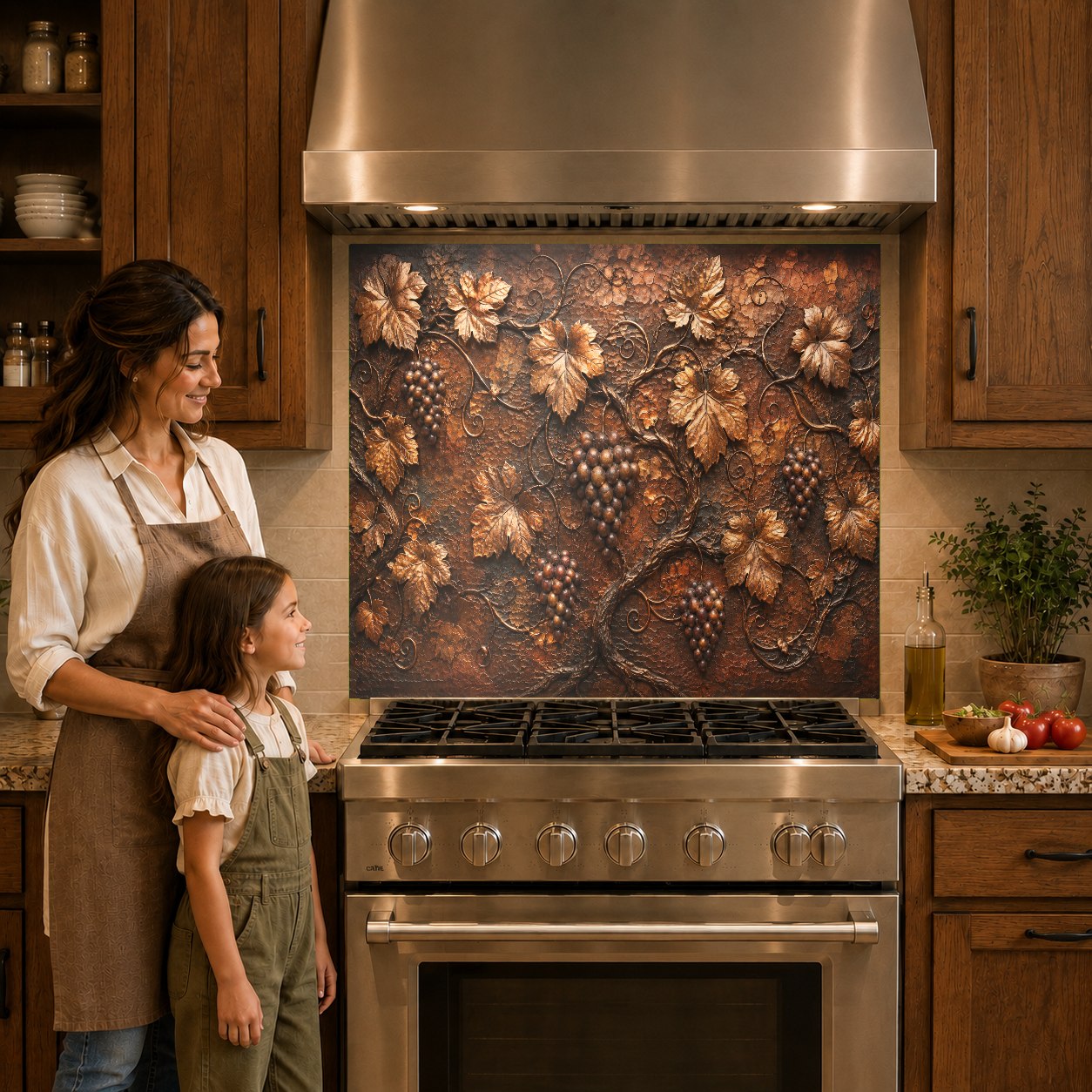 Close-up of Bronze Vineyard glass backsplash panel behind a gas cooktop