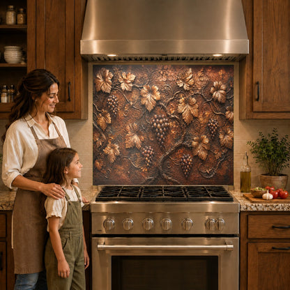 Close-up of Bronze Vineyard glass backsplash panel behind a gas cooktop