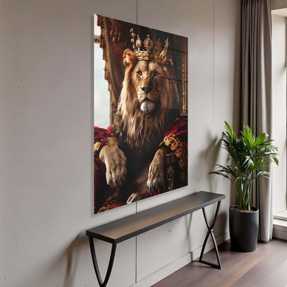 Large wall art of a lion with a crown in a modern interior setting.