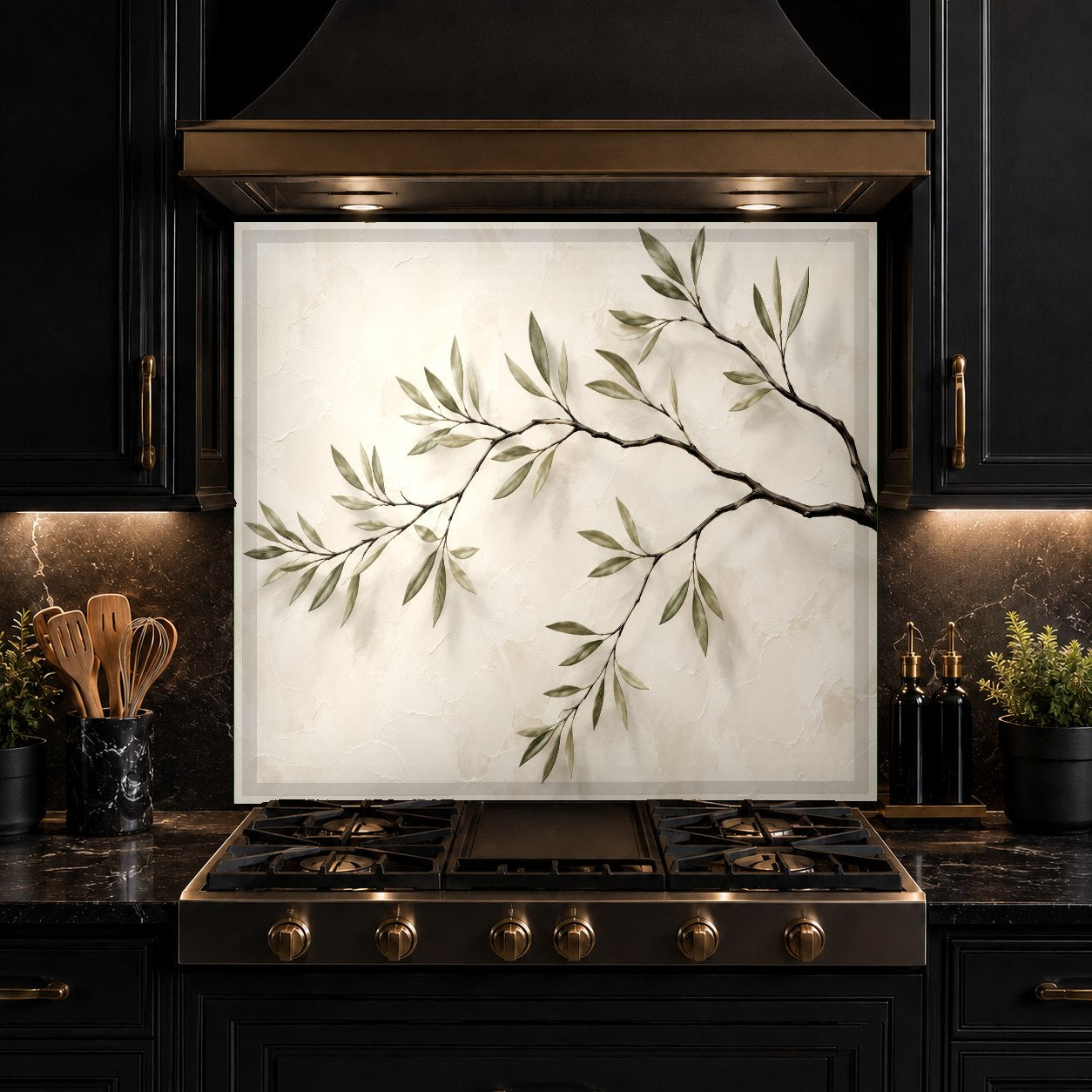 Modern kitchen featuring a heat-resistant glass backsplash with tree branch pattern