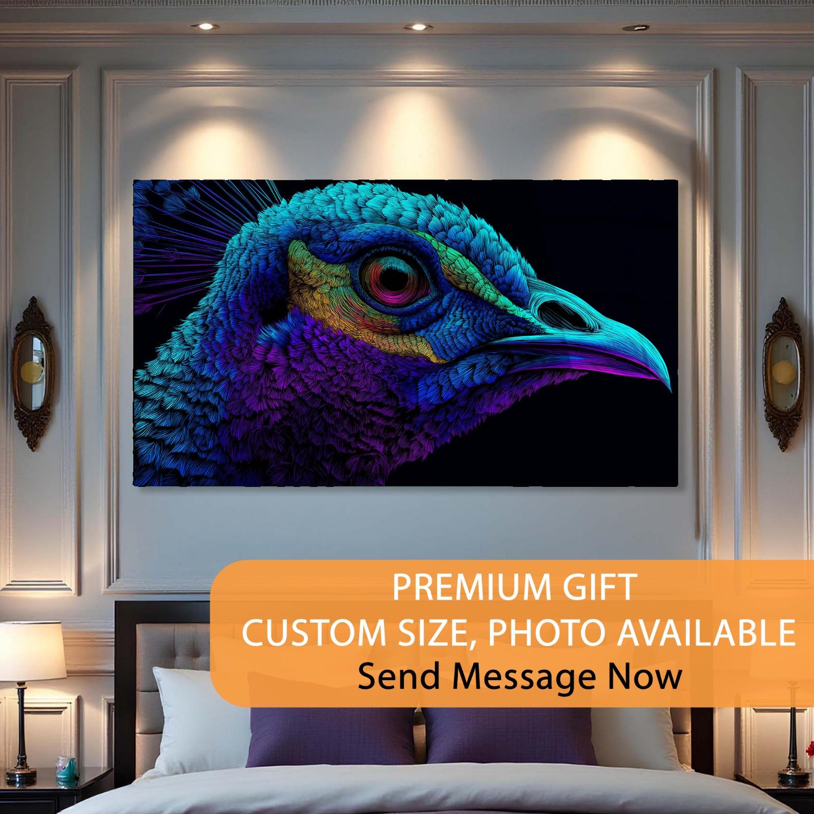 Colorful peacock head painting on a wall above a bed with promotional text.