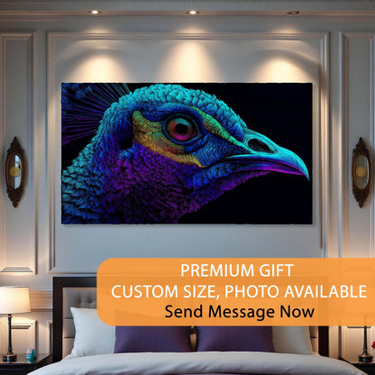 Colorful peacock head painting on a wall above a bed with promotional text.