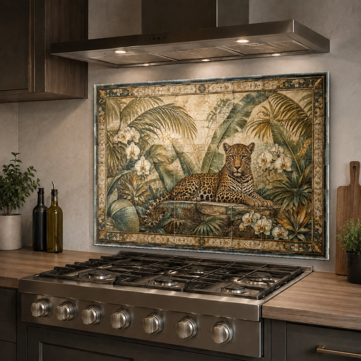 Close-up of heat-resistant wild leopard glass backsplash behind range