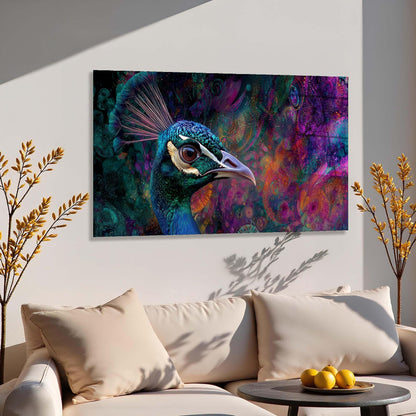 Colorful peacock painting on a wall above a beige sofa with decorative pillows.