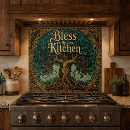 Full kitchen view showcasing the Bless This Kitchen glass backsplash behind the stove