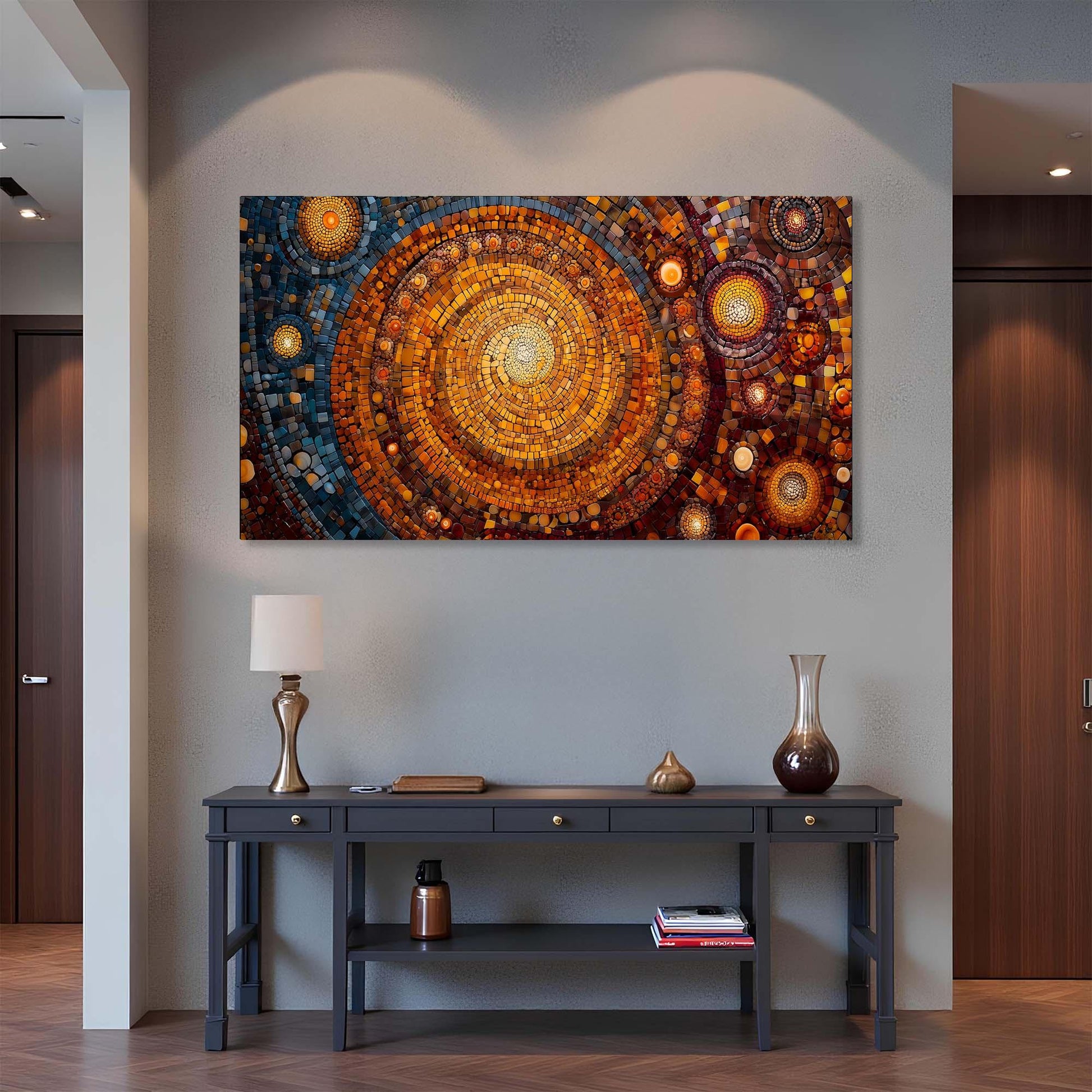 Decorative wall art piece in a room with a console table and lamp.