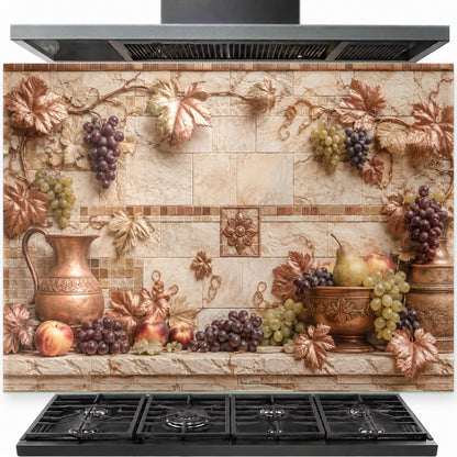Tuscan Copper tempered glass backsplash panel installed behind a modern gas stove in a rustic kitchen.
