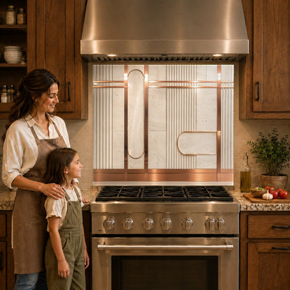 Sleek copper line glass backsplash panel mounted over a kitchen cooktop