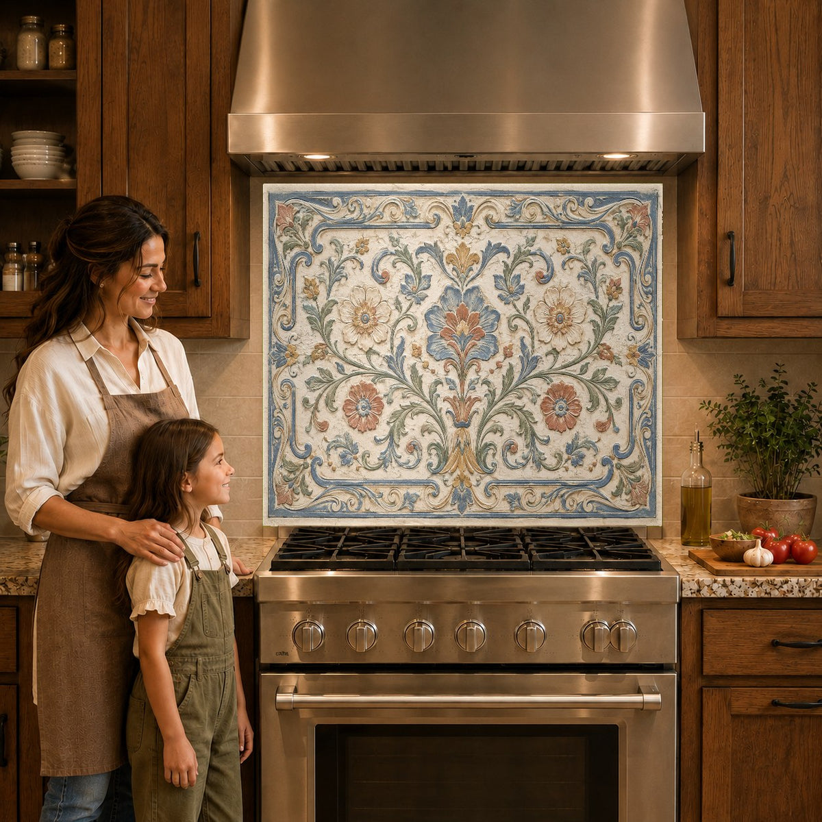 Sleek blue and white mosaic pattern glass backsplash panel protecting the wall behind a modern induction cooktop.