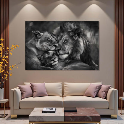 Lion family painting on a wall above a beige sofa with decorative pillows.
