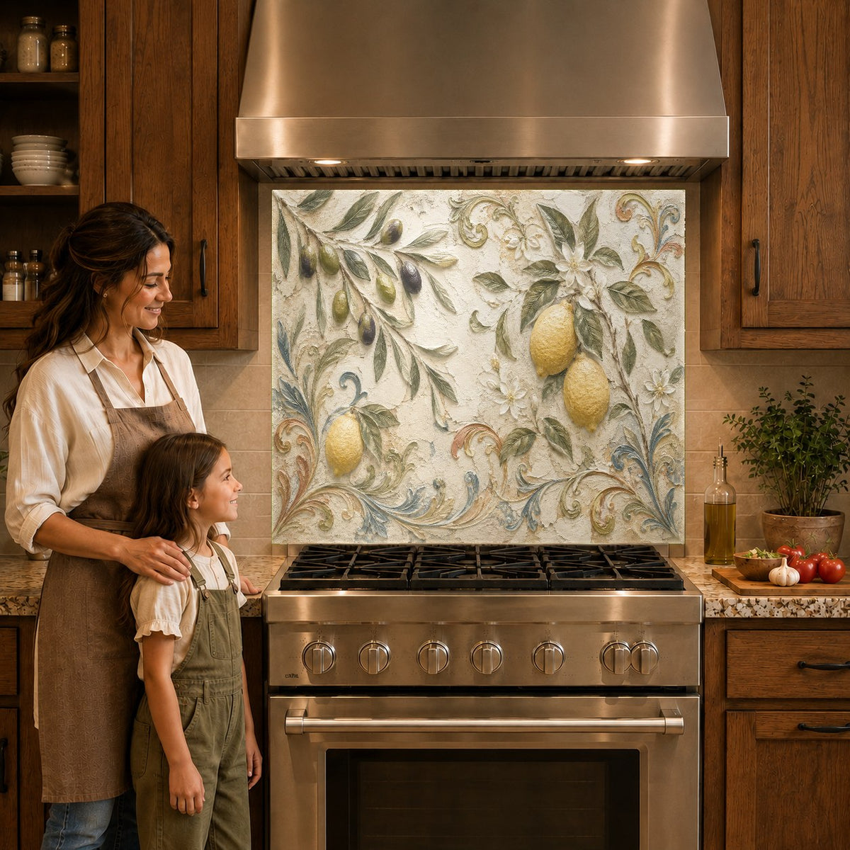 Close-up of a citrus-themed glass backsplash panel protecting the wall behind an induction cooktop.