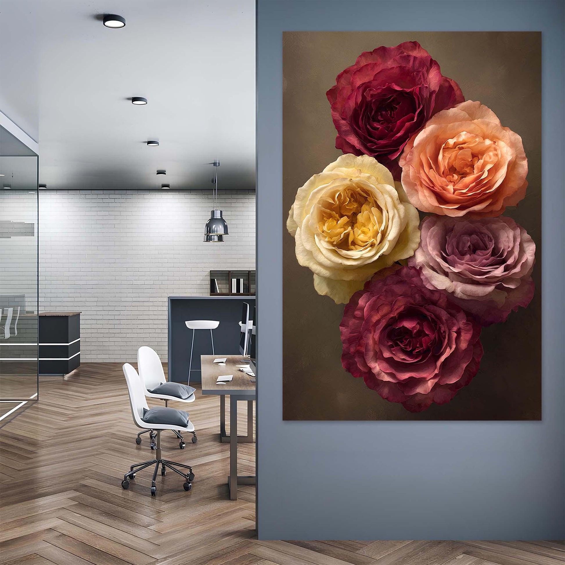 Modern office interior with a colorful floral painting on the wall.