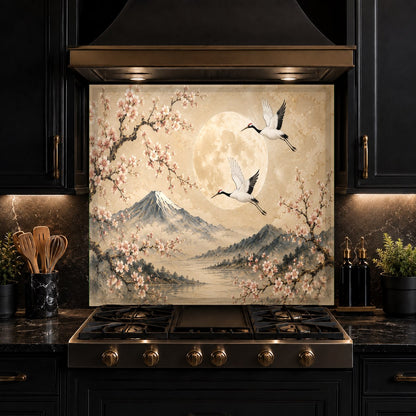 Modern home bar featuring a Moon Cranes glass backsplash accent wall for a sophisticated, moody atmosphere.