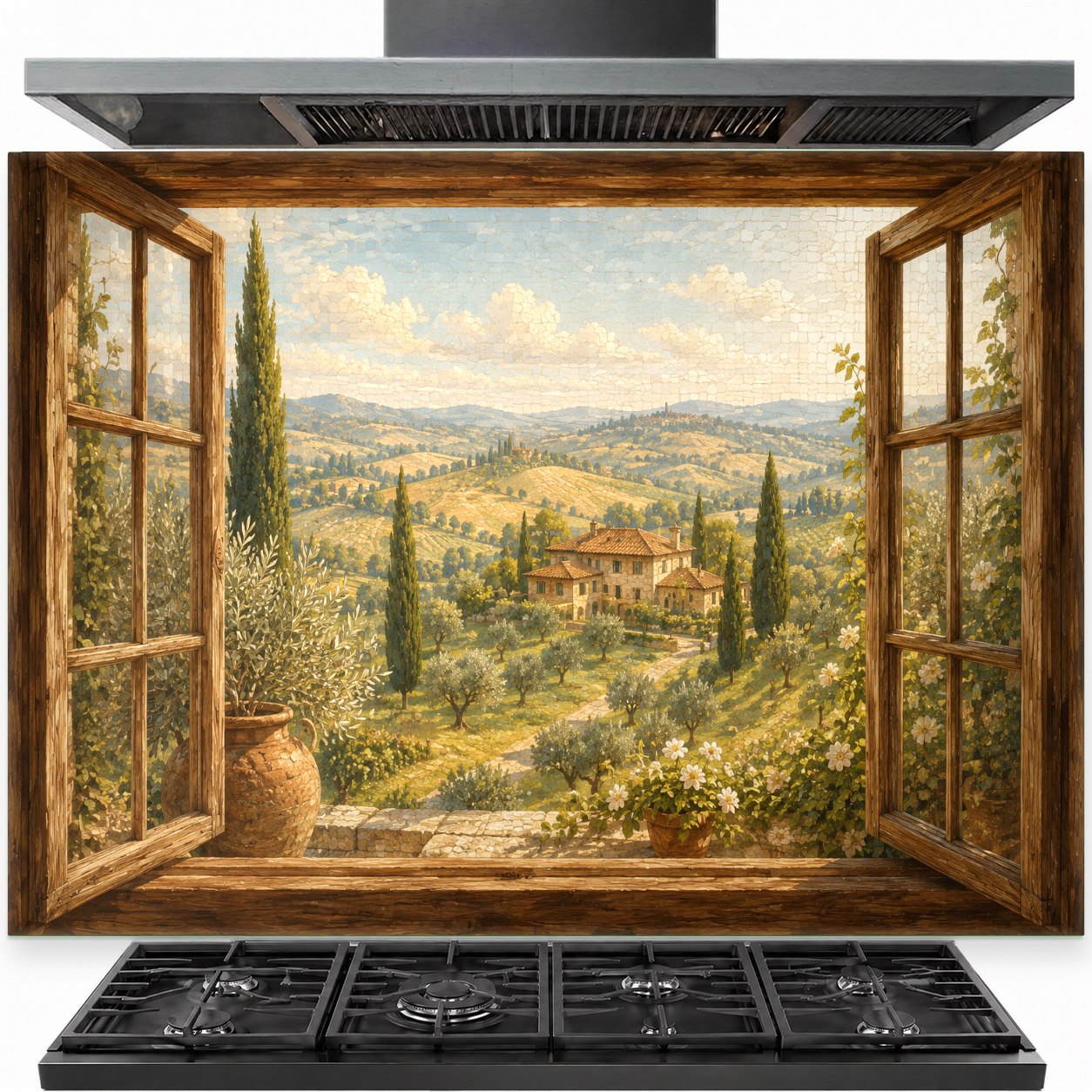 Garden view tempered glass backsplash installed behind a modern gas stove cooktop.