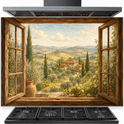 Garden view tempered glass backsplash installed behind a modern gas stove cooktop.
