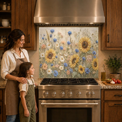 Floral glass kitchen backsplash panel over cooktop