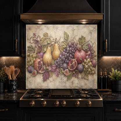 Heat resistant fruit themed glass backsplash panel for kitchen range