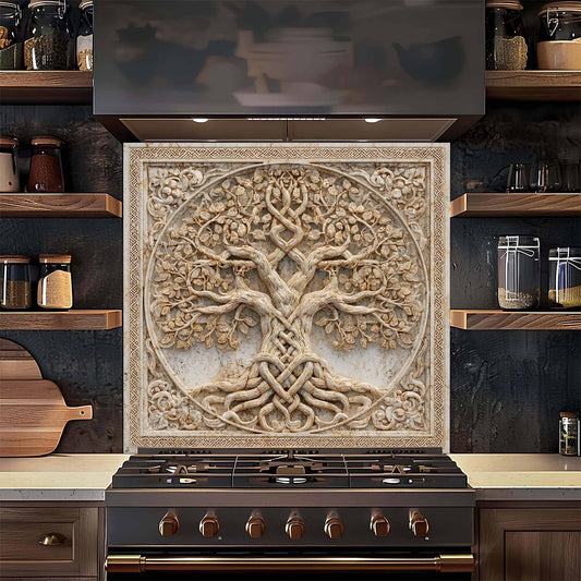 Decorative glass backsplash with tree design above a stove in a kitchen setting.