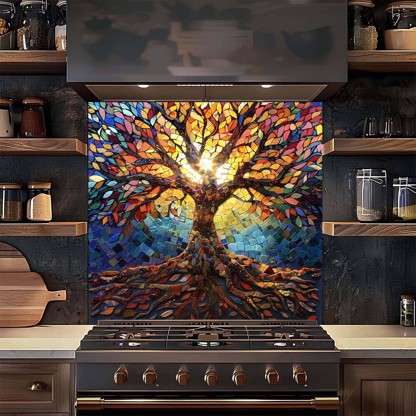 Colorful stained glass-style tree of life backsplash above a stove in a kitchen.