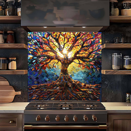 Colorful stained glass-style tree of life backsplash above a stove in a kitchen.