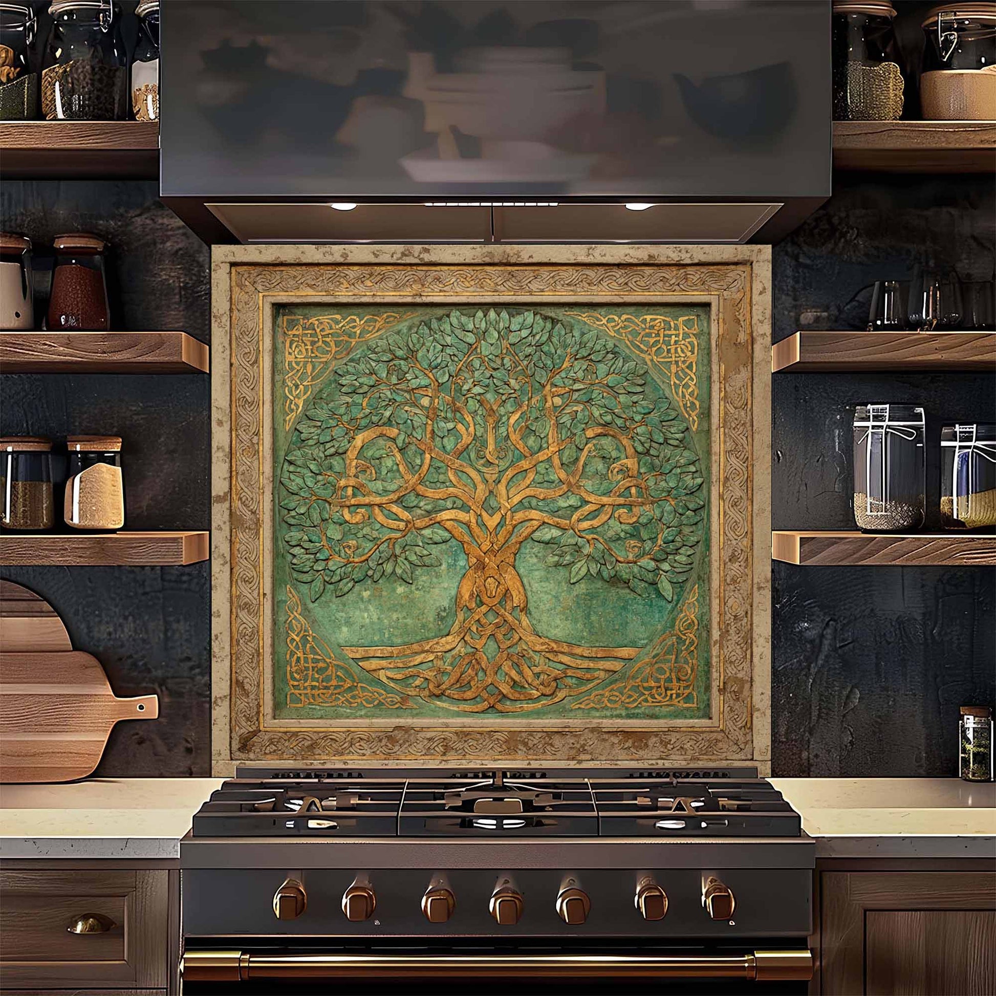 Decorative backsplash with a tree design above a stove in a kitchen setting.