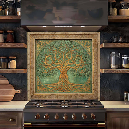 Decorative backsplash with a tree design above a stove in a kitchen setting.