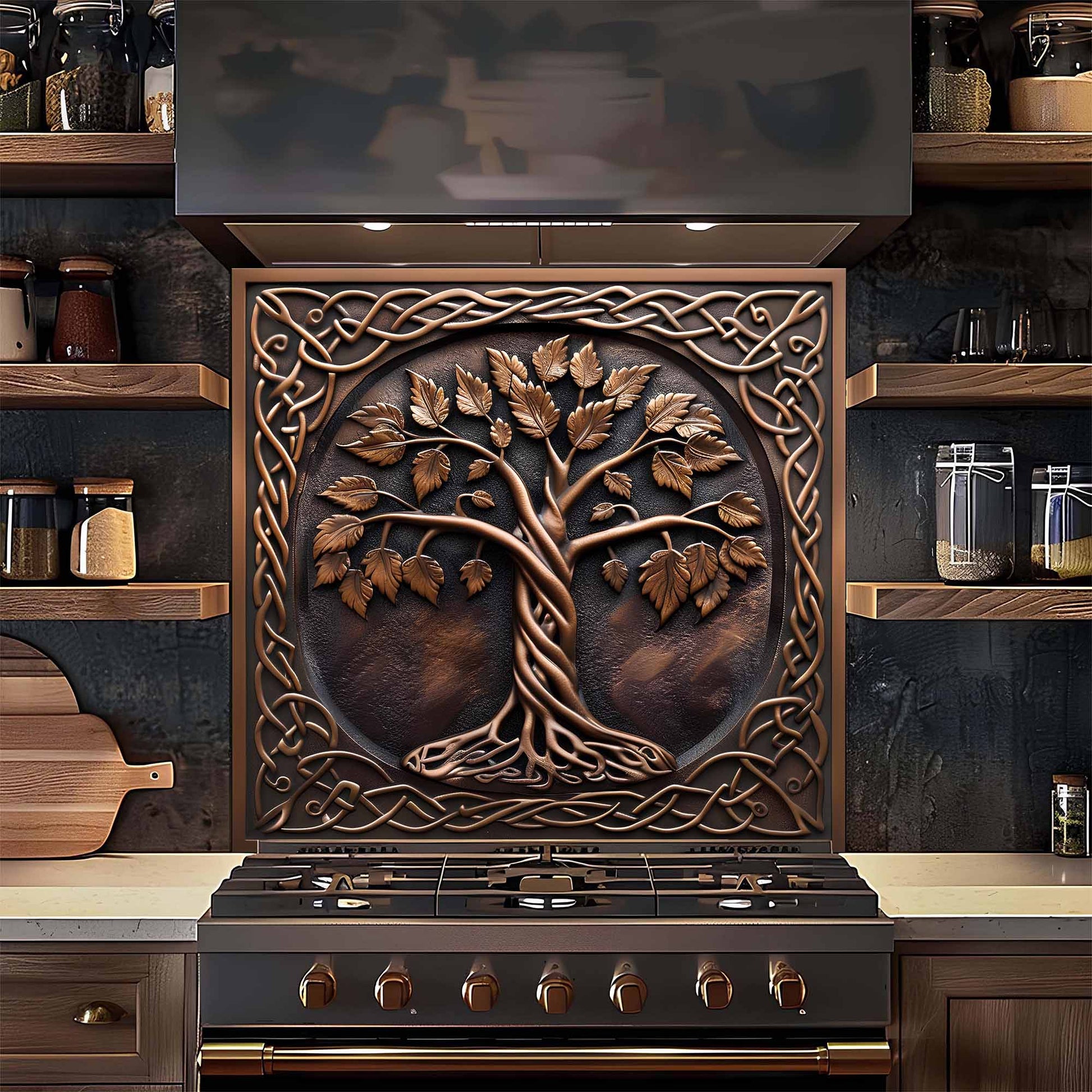 Decorative stove panel with tree design in a kitchen setting
