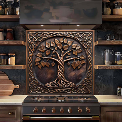 Decorative stove panel with tree design in a kitchen setting