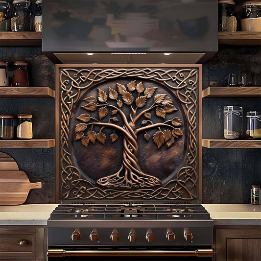 Decorative stove panel with tree design in a kitchen setting