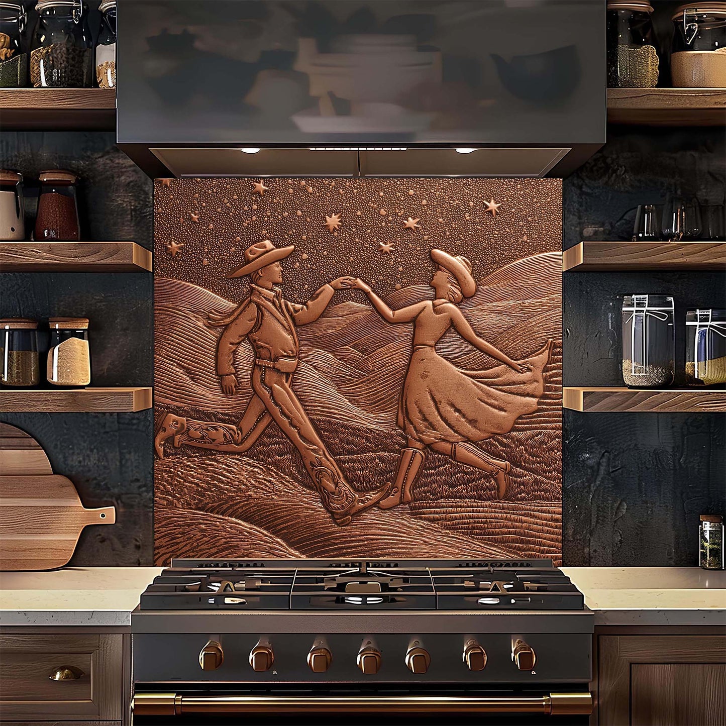 Decorative backsplash with embossed design of a couple dancing in a field above a stove.