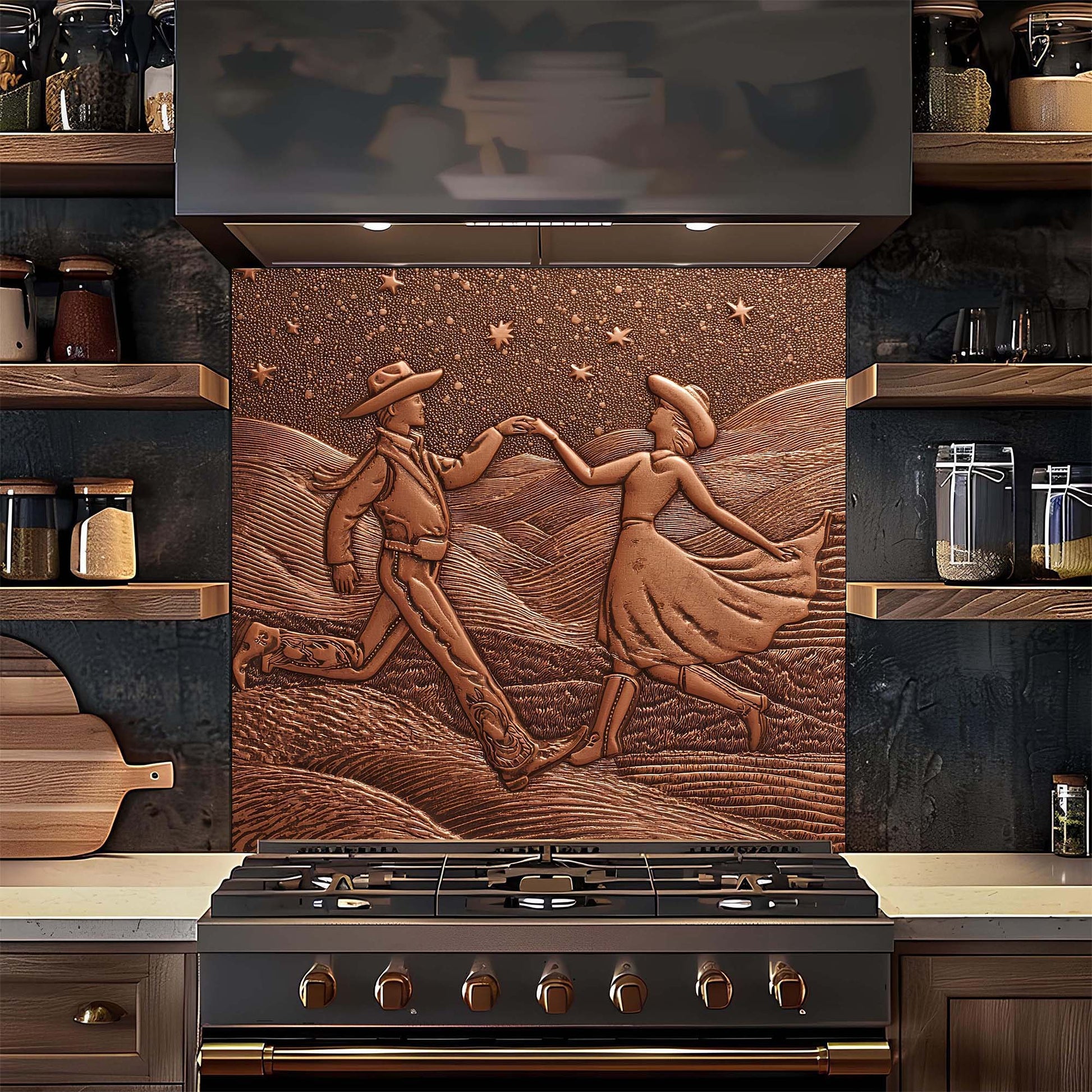 Decorative backsplash with embossed design of a couple dancing in a field above a stove.