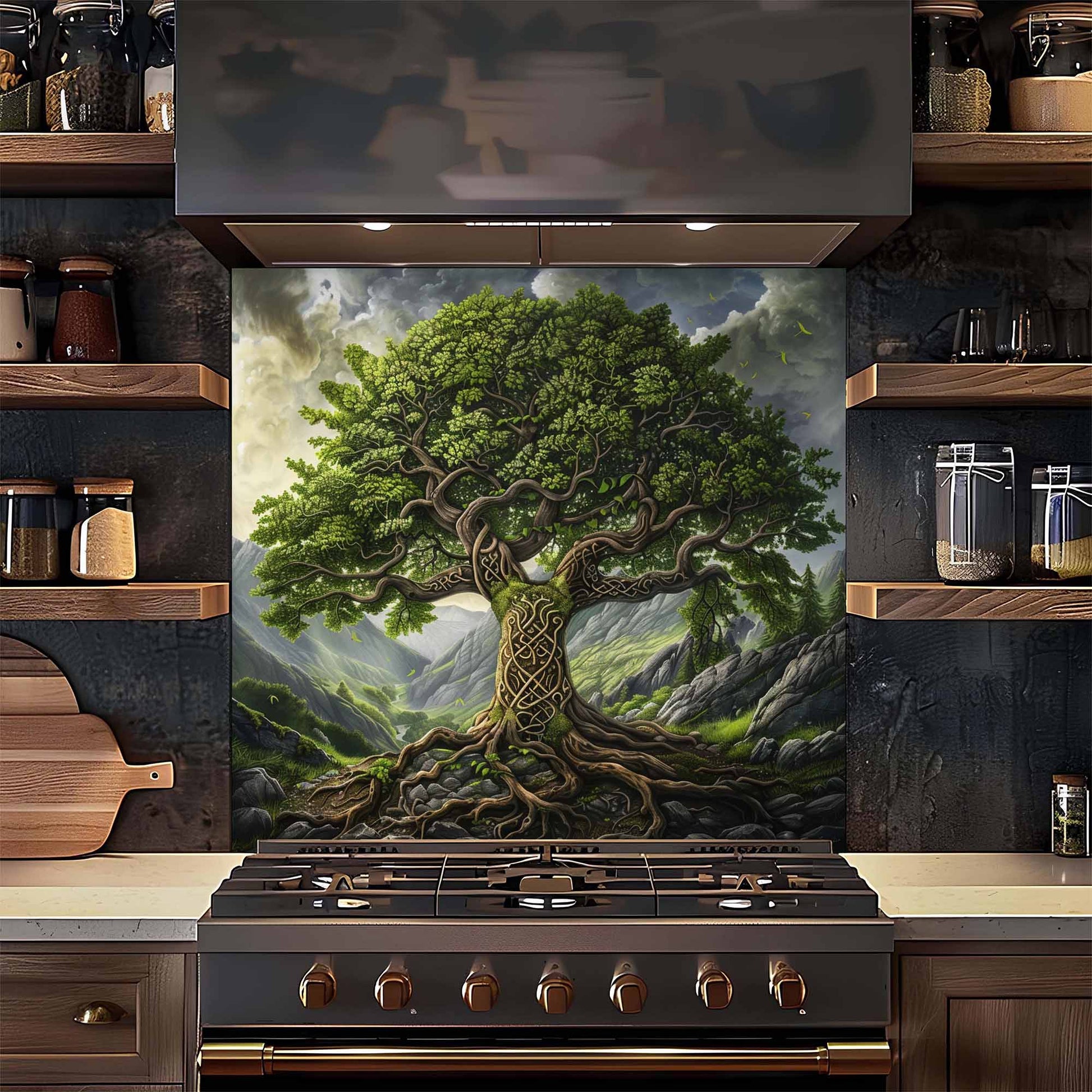 Kitchen with a decorative backsplash featuring a tree design above a stove.