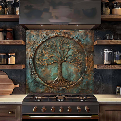 Kitchen stove with decorative tree of life backsplash in a rustic setting